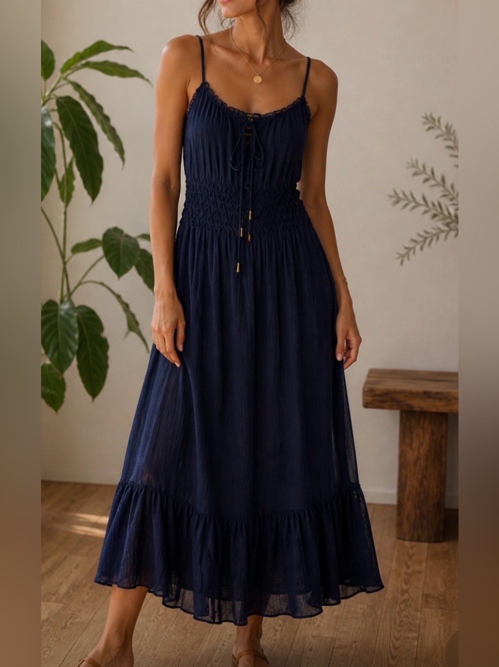 Love Sam navy 100% silk lattice waist midi dress gold tassel details sz s